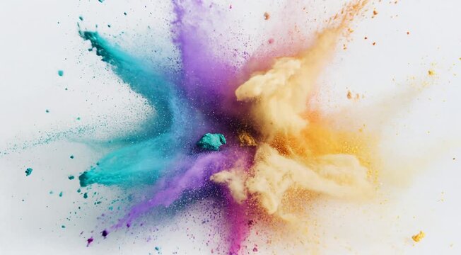 multicolored powder explosion on light background with blue purple orange yellow colors scattering