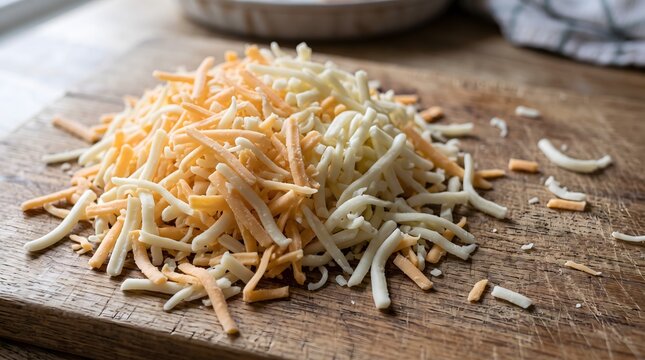 Mound of freshly grated cheddar and mozzarella cheese resting on a rustic wooden cutting board in a kitchen.