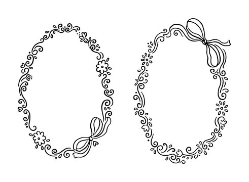 Set of doodle whimsy frames with bows, cute isolated vector illustration for cards, gifts, stickers, nursery, menu, photo cards, birthday invites, wedding suite or textile design.