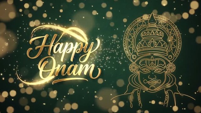 Elegant Happy Onam greeting card design with golden Kathakali mask illustration on a dark green bokeh background.