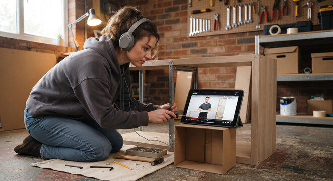 Young woman wearing headphones assembling wooden furniture while watching an instructional video on a tablet in a workshop.