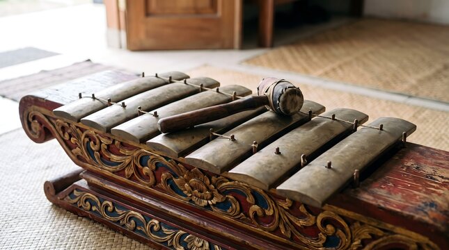 A traditional Indonesian saron gamelan instrument with bronze bars and a wooden mallet in a rehearsal space.