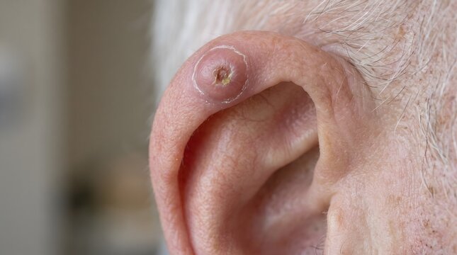 Clinical photograph of chondrodermatitis nodularis helicis presenting as a painful nodule on the ear helix of an elderly patient.