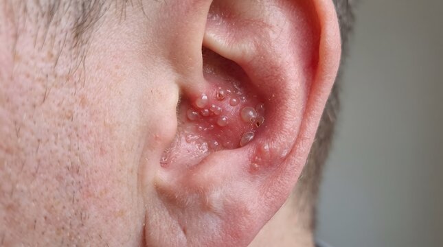 Clinical photograph of herpes zoster oticus showing a cluster of small tense blisters in the conchal bowl of the ear.