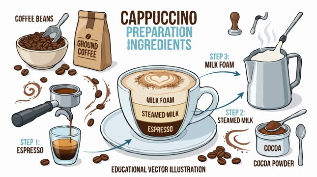 Cappuccino Preparation and Ingredients. An illustration showing the steps involved in making a cappuccino, including espresso, steamed milk, and milk foam, with ingredients like coffee beans.