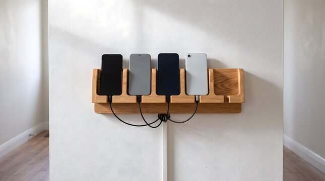 A wall-mounted wooden charging station in a home hallway with several smartphones docked and plugged in.