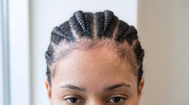 Clinical dermatology photograph showing traction alopecia with thinning and follicular papules along the hairline of a woman with tight braids.