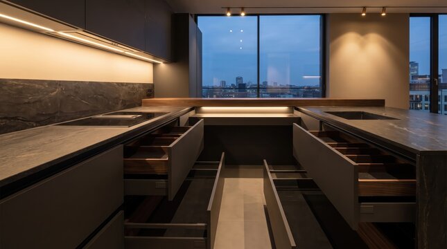 Showcase dark modern kitchen island featuring open empty wooden drawers against city skyline window