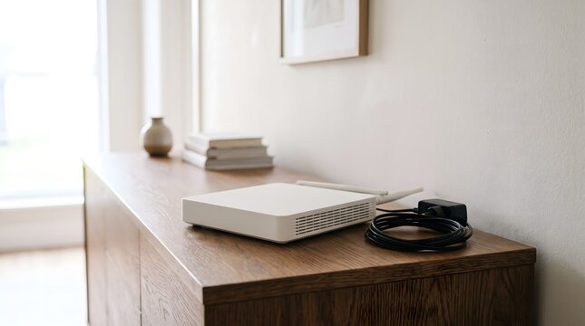 A white wireless router sits unplugged on a wooden sideboard with its power cable coiled beside it.