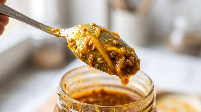 Thick mango amba condiment with fenugreek seeds on a silver spoon lifted from a jar.