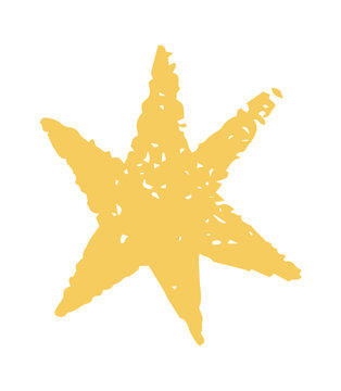 Hand drawn yellow star with rough crayon texture and playful childish style isolated on white background. Creative doodle element perfect for kids design, summer themes, nursery decor, ocean concepts