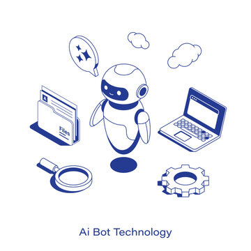 Isometric AI bot technology illustration. A friendly robot hovering near a laptop, file folder, magnifying glass, and gear. Clean IT machine learning and data processing layout