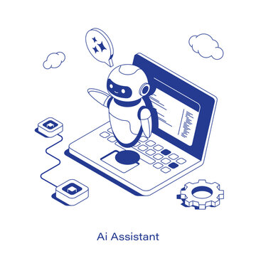 Isometric AI assistant vector illustration. Friendly robot hovering over a laptop displaying code, accompanied by a chat bubble, gear, and network nodes. Clean IT technology layout