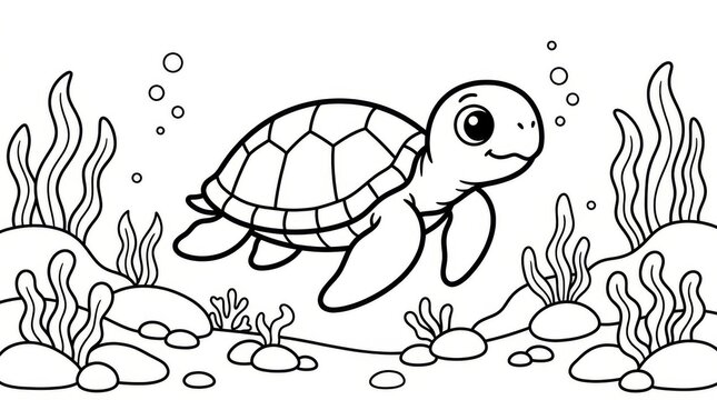 Cute Sea Turtle Underwater Coloring Page for Kids