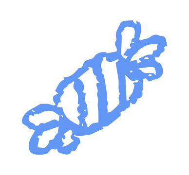 Hand drawn wrapped candy with rough blue crayon texture and playful childish style isolated on white background. Creative sweet doodle perfect for kids design, candy themes, nursery decor, party