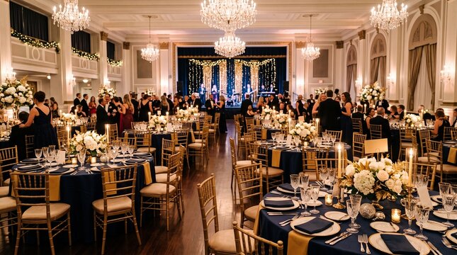 Elegant hotel ballroom decorated for a winter holiday gala dinner with festive table settings and string lights.