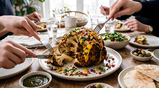 Roasted whole cauliflower topped with amba sauce and pomegranate seeds on a shared plate.