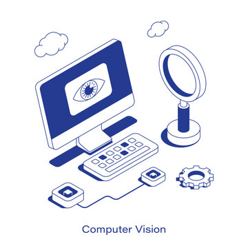 Isometric computer vision vector illustration. Desktop monitor displaying an eye, paired with a magnifying glass, gear, and network nodes. Clean AI technology and image recognition layout