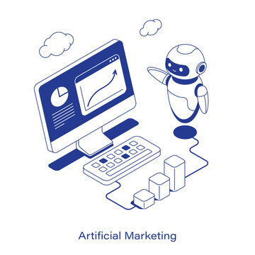 Isometric artificial marketing vector illustration. An AI robot near a desktop computer displaying growth and pie charts, connected to a 3D bar graph. Clean IT business analytics and strategy layout