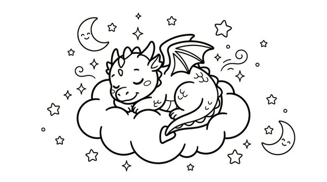 Cute Baby Dragon Sleeping on a Cloud Coloring Page for Kids