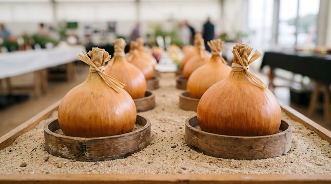 Six prize-winning show onions displayed in wooden collars on sand at a giant vegetable championship.