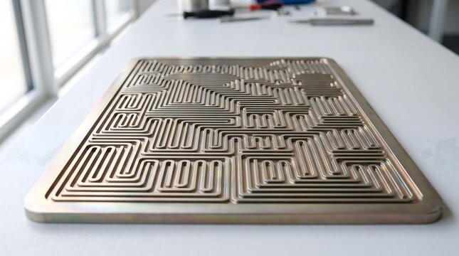 Metal bipolar plate with serpentine flow field channels for a PEM electrolyser resting on a clean assembly bench.