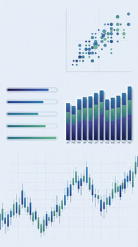 Visual representation of data analysis with scatter plot, bar graph and candlestick chart, symbolizing growth, trends, and business insights