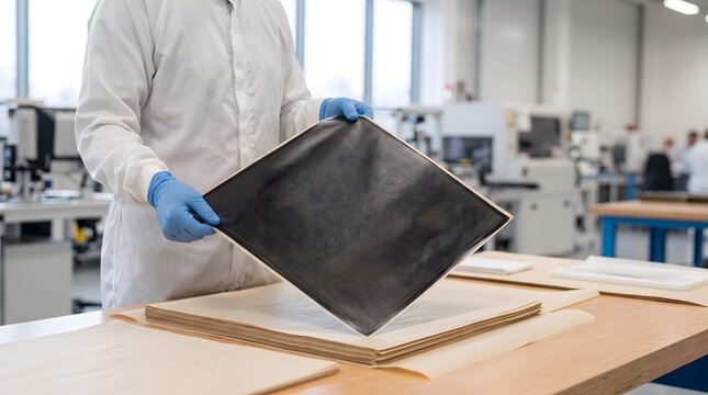 Technician in cleanroom attire lifting a membrane electrode assembly sheet for green hydrogen production.