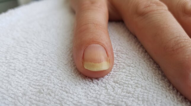 Clinical macro of a fingernail with distal onycholysis showing separation from the nail bed on a white towel.