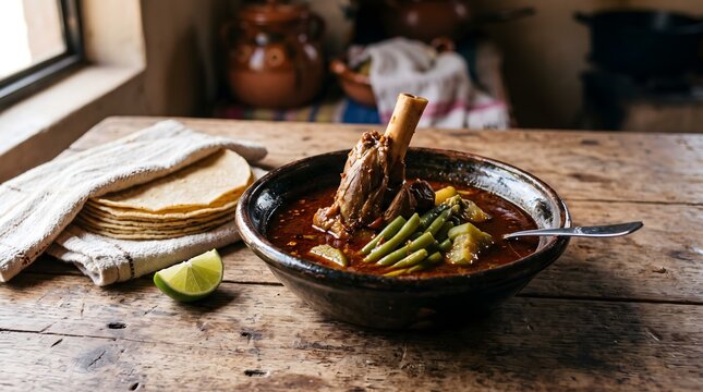 Mole de caderas goat stew served in a clay bowl with tortillas on a rustic wooden table.