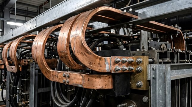 Heavy copper busbars connected to terminals in a green hydrogen electrolysis plant room.