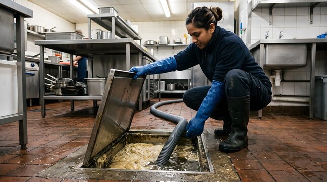Female technician pumping out a floor-recessed grease trap with a vacuum hose in a commercial kitchen.