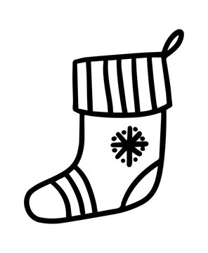 Hand drawn doodle Christmas stocking illustration in outline style, perfect for holiday decorations, greeting cards, stickers, and festive designs.