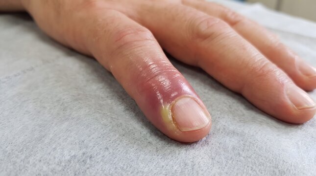 Close up of acute paronychia on a human finger showing swelling and pus collection at the nail fold.