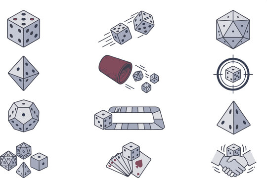 Dice Game and Gambling Icon Set with Different Dice Shapes, Rolling Cubes, Poker Cards, Target, Casino Chips, Competition, and Lucky Symbols