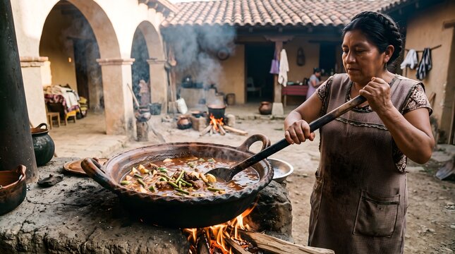 Mexican woman stirring a large cazuela of mole de caderas over a wood fire in an open courtyard kitchen