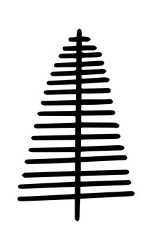 Hand drawn doodle Christmas tree icons, black on white background. Perfect for holiday cards, winter design, stickers, and festive decorations.