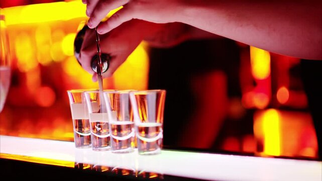 Bartender skillfully layering colorful alcoholic shooters into small glass containers.