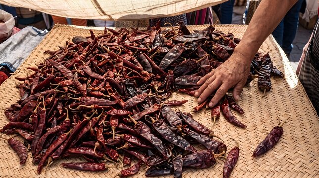 Vendor sorting dried guajillo and costeno chiles on a traditional woven petate mat at a Mexican market.