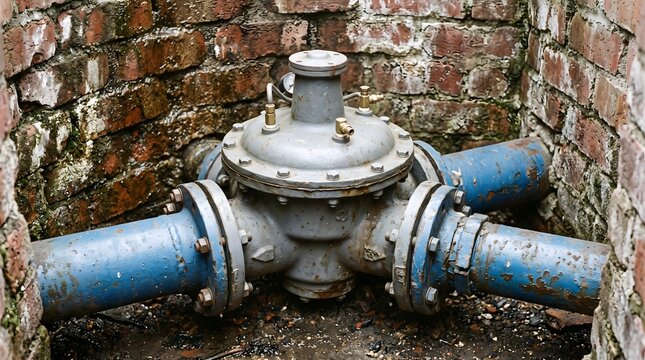 A large industrial pressure reducing valve with blue pipes installed in a brick underground chamber.