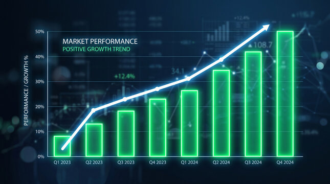 Bar chart and line graph showing positive market performance with upward growth trend, symbolizing success and progress in business or finance