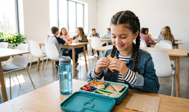 A schoolgirl eating healthy lunch from lunchbox at a wooden table in a bright school cafeteria. 