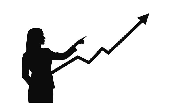 Businesswoman silhouette pointing at a rising financial growth graph chart showing upward commercial success trends.