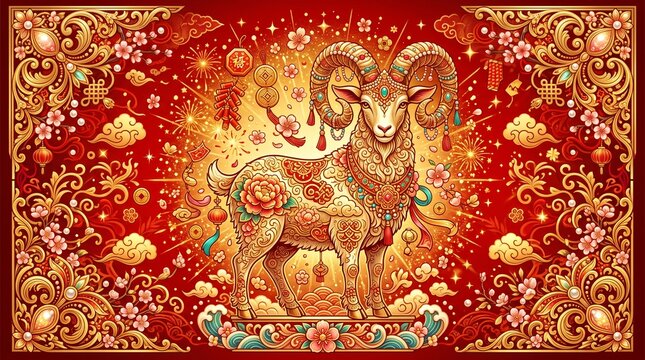 Ornate Chinese New Year red and gold background with decorative ram zodiac sign, fireworks, and floral patterns.