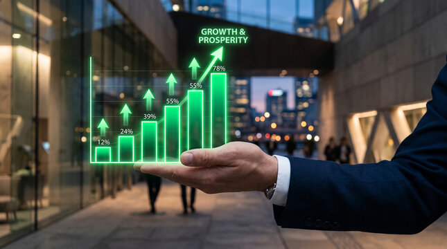 Abstract glowing green graph showing upward trend with "Growth & Prosperity" text, symbolizing financial success and business achievement.