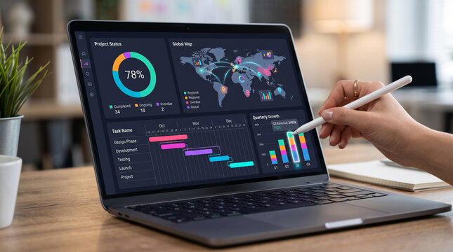 Laptop displaying financial data and project status with charts and global map, symbolizing business analytics and planning, a perfect representation of corporate strategy and progress.