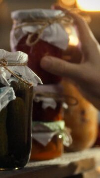 A man places cans of organic vegetables on wooden shelves in a dimly lit basement, next to jars of homemade pickles and preserves, in a food storage area for agricultural produce and preservation