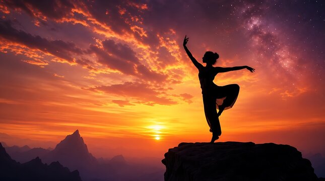 Silhouette of female dancer performing classical pose on mountain cliff edge at dramatic sunset sky for freedom performance art concept