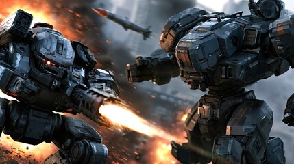 Naklejka premium Two heavily armed mech robots are fighting with weaponry and missiles in a fiery urban battlefield, depicting intense futuristic combat and war