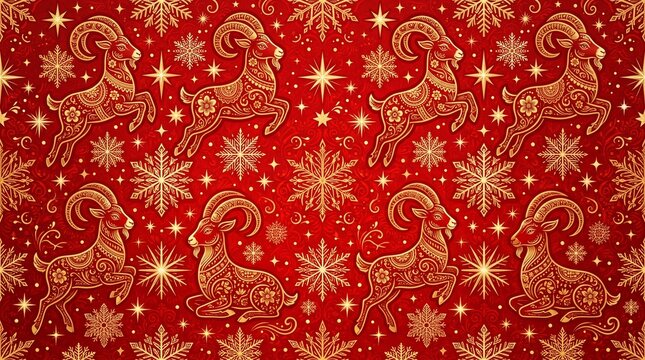 Seamless repeating pattern background with golden ornate rams and snowflakes on a red background.